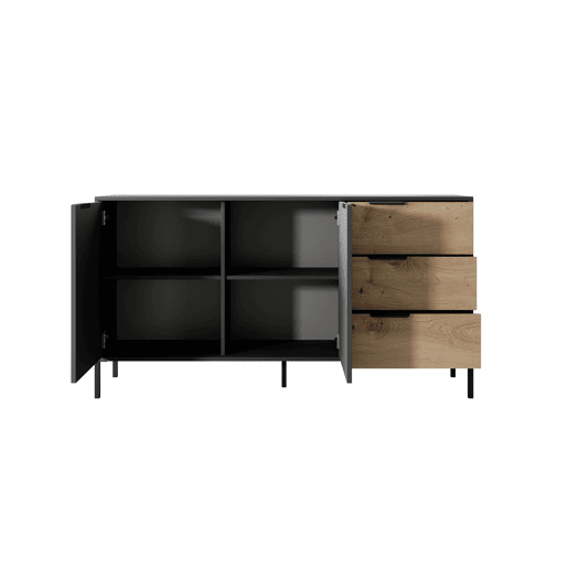 RAVE cómoda estilo moderno, medindo 82x154x40 cm e tem 4 prateleiras, 2 portas e 3 gavetas
