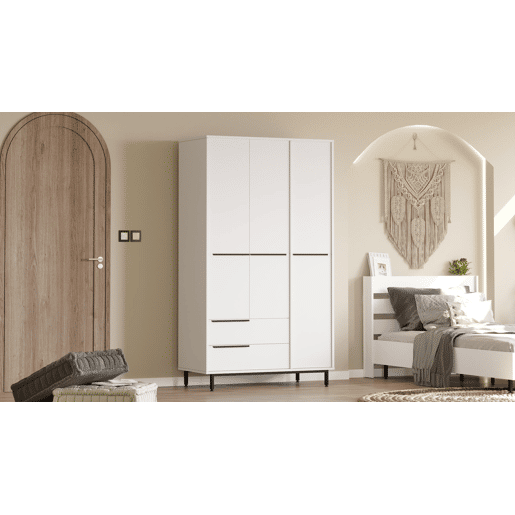 Roupeiros OCEAN, num estilo moderno, medindo 196x112x55 cm, com 3 portas e 2 gavetas e 6 prateleiras