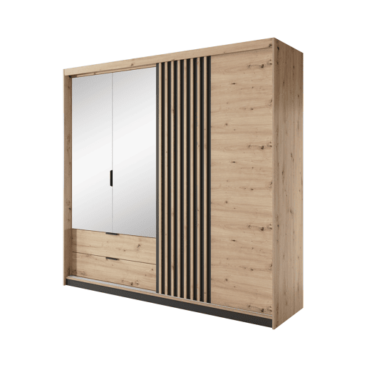 Armário TALLY em bege, preto, com um estilo moderno, medindo 211x220x60 cm e com 6 prateleiras, 3 portas e 2 gavetas com iluminação LED