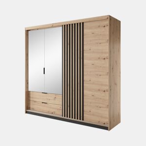 Armário TALLY em bege, preto, com um estilo moderno, medindo 211x220x60 cm e com 6 prateleiras, 3 portas e 2 gavetas com iluminação LED