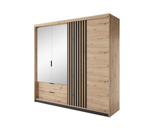 Armario tally en beige, negro con un estilo moderno, mide 211x220x60 cm y tiene 6 estantes, 3 puertas y 2 cajones con iluminación led