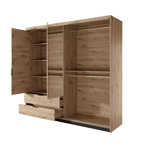 Armário TALLY em bege, preto, com um estilo moderno, medindo 211x220x60 cm e com 6 prateleiras, 3 portas e 2 gavetas com iluminação LED