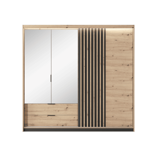 Armário TALLY em bege, preto, com um estilo moderno, medindo 211x220x60 cm e com 6 prateleiras, 3 portas e 2 gavetas com iluminação LED