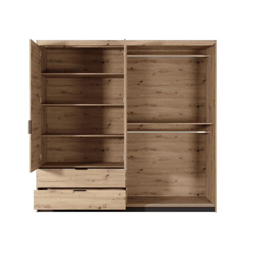 Armário TALLY em bege, preto, com um estilo moderno, medindo 211x220x60 cm e com 6 prateleiras, 3 portas e 2 gavetas com iluminação LED