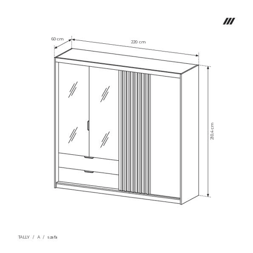 Armário TALLY em bege, preto, com um estilo moderno, medindo 211x220x60 cm e com 6 prateleiras, 3 portas e 2 gavetas com iluminação LED