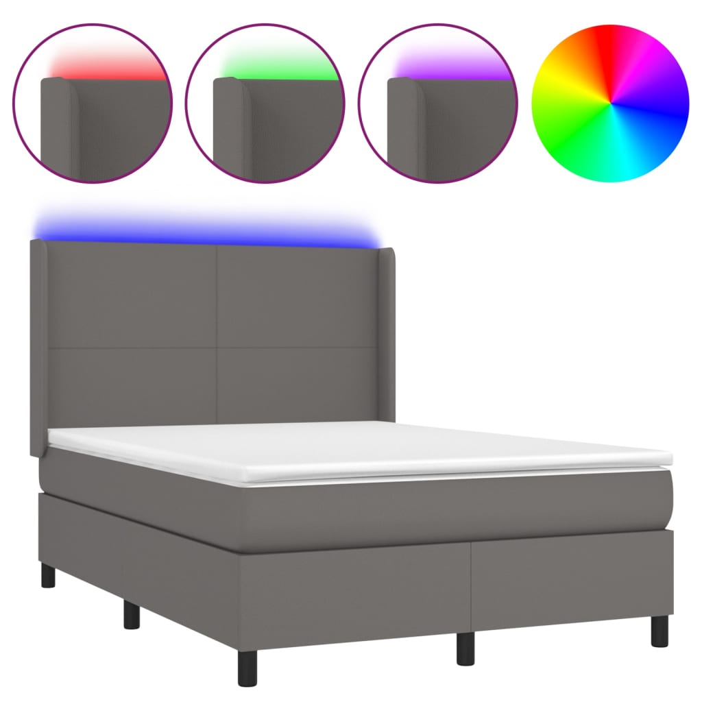 Cama box spring colchón y LED cuero sintético - Diseño plano 140x190 Gris