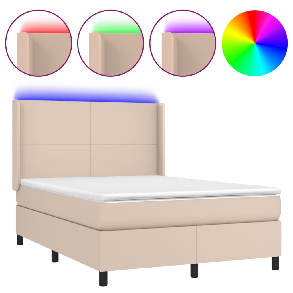 Cama box spring colchón y LED cuero sintético - Diseño plano 140x200 Marron Claro
