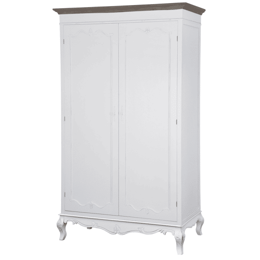 Roupeiros RIMINI WHITE, de cor branca e castanha, em estilo campestre francês, medindo 200x120x60 cm, com 2 portas e 3 prateleiras
