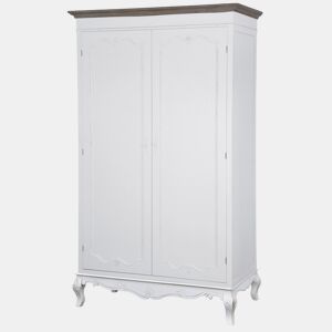 Roupeiros RIMINI WHITE, de cor branca e castanha, em estilo campestre francês, medindo 200x120x60 cm, com 2 portas e 3 prateleiras
