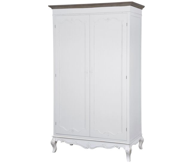 Armario rimini blanco, de color blanco y marrón, de estilo rústico francés, mide 200x120x60 cm, tiene 2 puertas y 3 estantes.