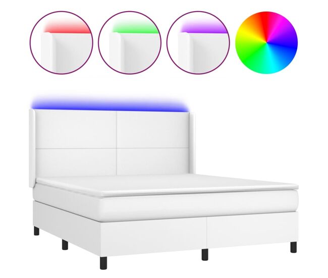 Cama box spring colchón y led cuero sintético blanco 180x200 cm diseño plano