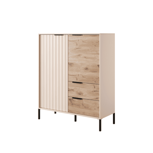 RAVE cómoda com um estilo moderno, medindo 124x104x40 cm e tem 5 prateleiras, 2 portas e 2 gavetas