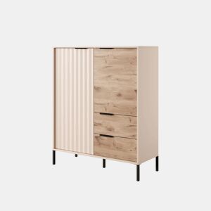 RAVE cómoda com um estilo moderno, medindo 124x104x40 cm e tem 5 prateleiras, 2 portas e 2 gavetas