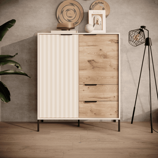 RAVE cómoda com um estilo moderno, medindo 124x104x40 cm e tem 5 prateleiras, 2 portas e 2 gavetas