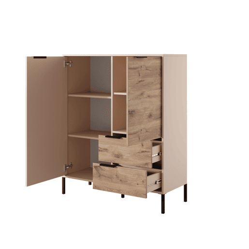RAVE cómoda com um estilo moderno, medindo 124x104x40 cm e tem 5 prateleiras, 2 portas e 2 gavetas