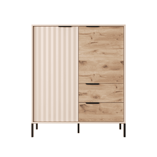 RAVE cómoda com um estilo moderno, medindo 124x104x40 cm e tem 5 prateleiras, 2 portas e 2 gavetas