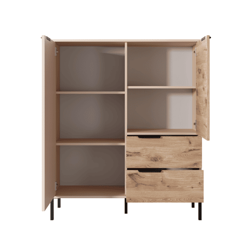 RAVE cómoda com um estilo moderno, medindo 124x104x40 cm e tem 5 prateleiras, 2 portas e 2 gavetas