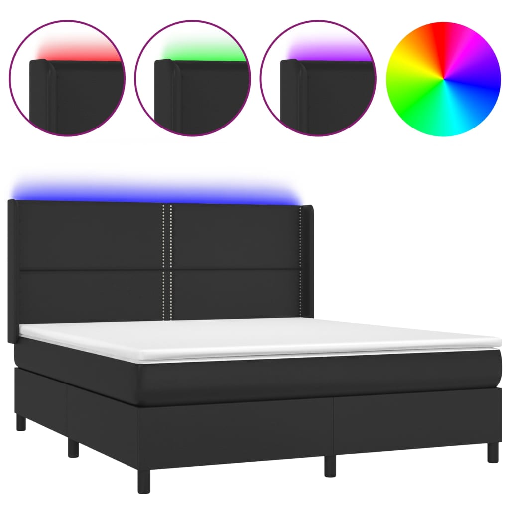 Cama box spring colchón y led cuero sintético negro 180x200 cm liso con clavos