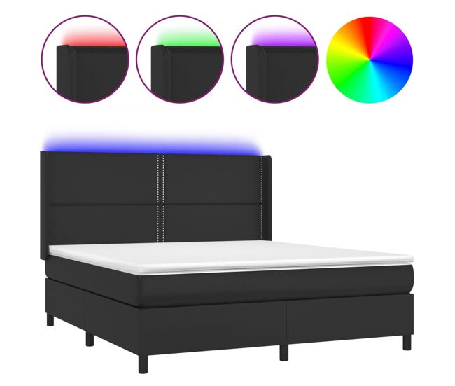 Cama box spring colchón y led cuero sintético negro 180x200 cm liso con clavos