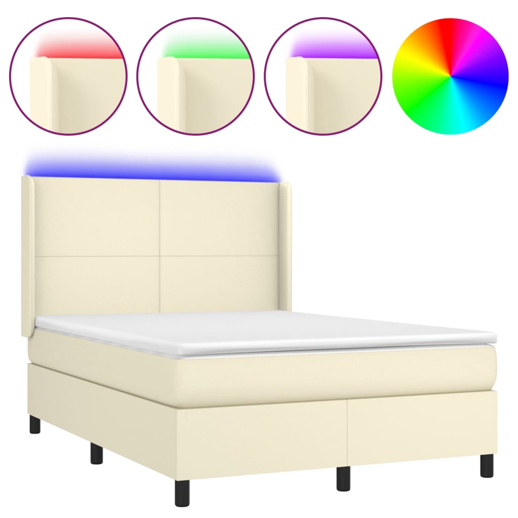 Cama box spring colchón y LED cuero sintético - Diseño plano 140x200 Crema