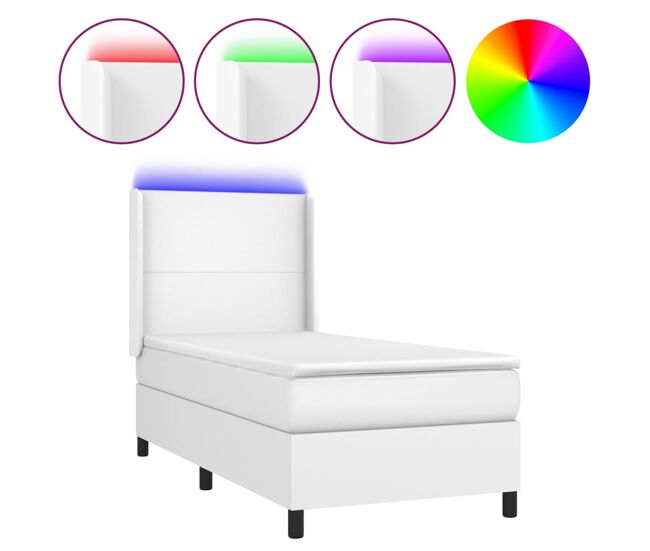 Cama box spring y colchón led cuero sintético blanco 80x200 cm diseño plano