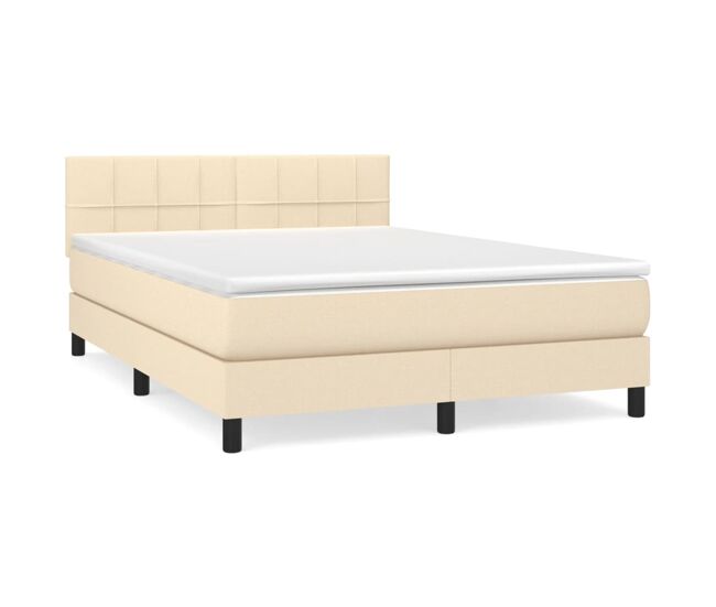 Cama box spring con colchón tela color crema 140x190 cm bloques con cuadros