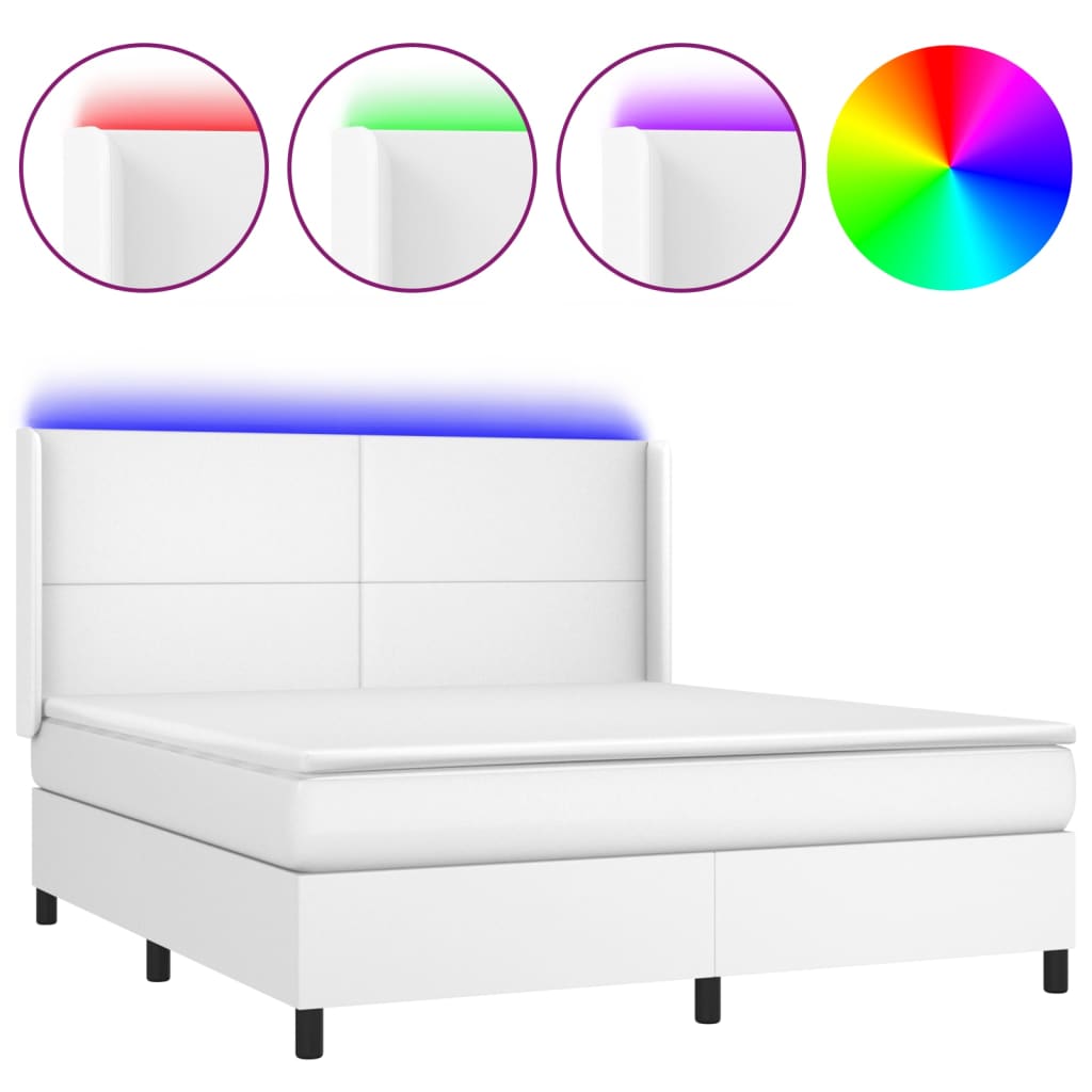 Cama box spring colchón y led cuero sintético blanco 160x200 cm diseño plano