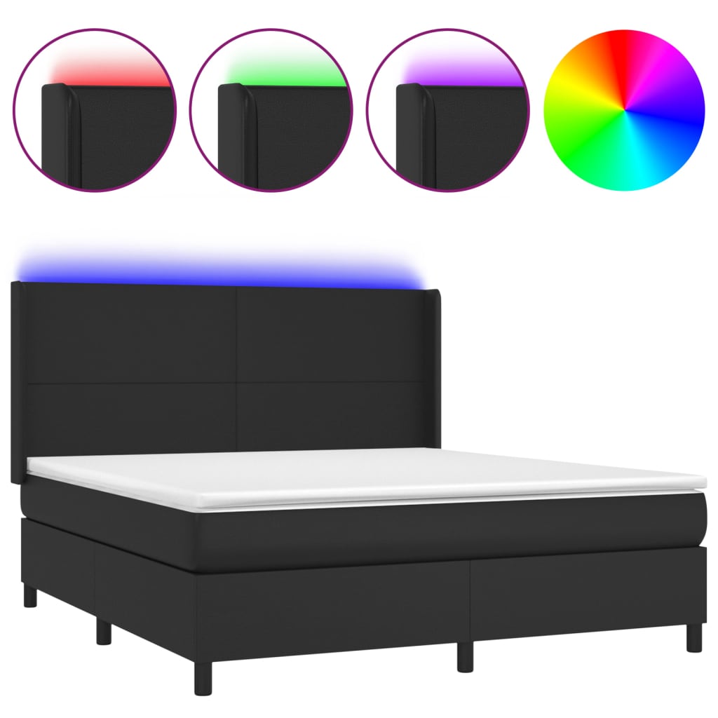 Cama box spring colchón y LED cuero sintético - Diseño plano 180x200 Negro