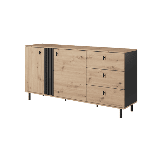 Cómoda MADIS em bege, preto com um estilo moderno, medindo 82x165x40 cm e tem 4 prateleiras, 2 portas e 3 gavetas