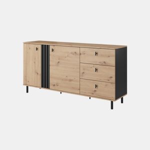 Cómoda MADIS em bege, preto com um estilo moderno, medindo 82x165x40 cm e tem 4 prateleiras, 2 portas e 3 gavetas