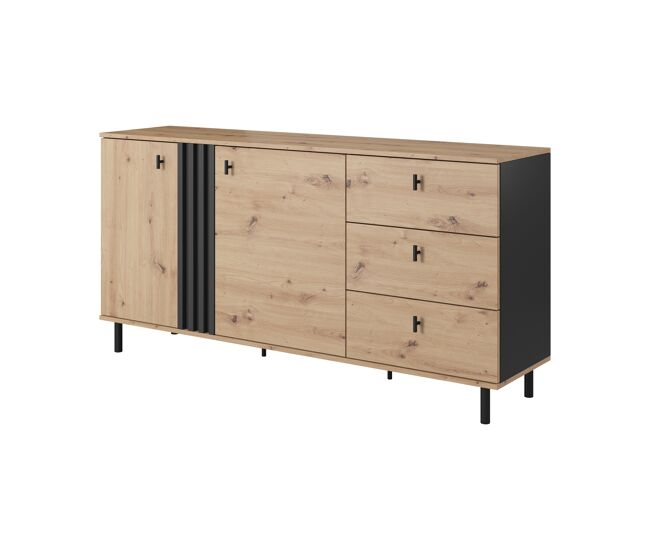 Cajonera madis en beige, negra con un estilo moderno, mide 82x165x40 cm y tiene 4 estantes, 2 puertas y 3 cajones