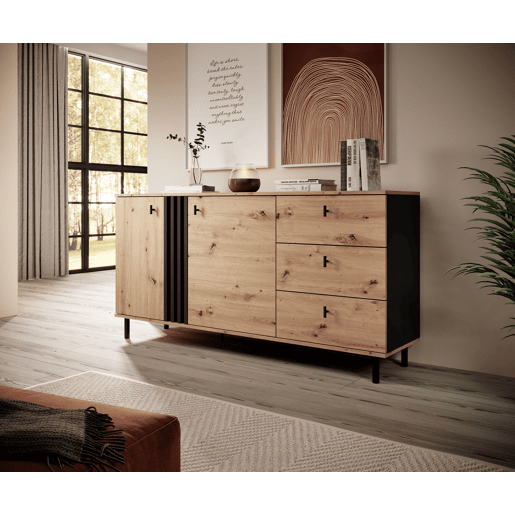 Cómoda MADIS em bege, preto com um estilo moderno, medindo 82x165x40 cm e tem 4 prateleiras, 2 portas e 3 gavetas