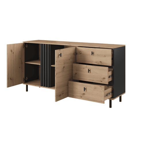 Cómoda MADIS em bege, preto com um estilo moderno, medindo 82x165x40 cm e tem 4 prateleiras, 2 portas e 3 gavetas