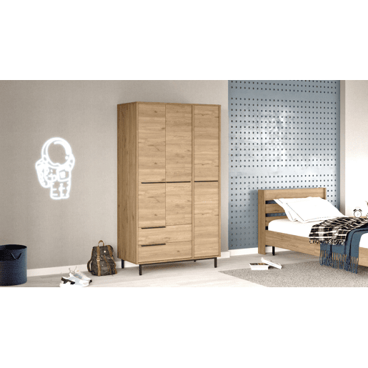 Roupeiros OCEAN, num estilo moderno, medindo 196x112x55 cm, com 3 portas e 2 gavetas e 6 prateleiras