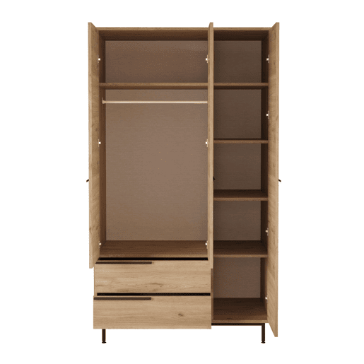 Roupeiros OCEAN, num estilo moderno, medindo 196x112x55 cm, com 3 portas e 2 gavetas e 6 prateleiras