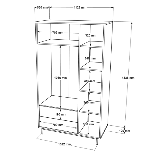 Roupeiros OCEAN, num estilo moderno, medindo 196x112x55 cm, com 3 portas e 2 gavetas e 6 prateleiras