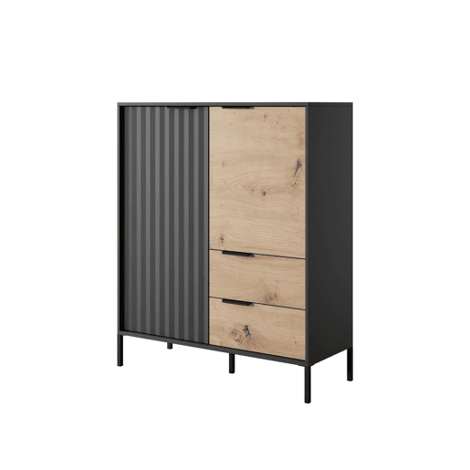 RAVE cómoda com um estilo moderno, medindo 124x104x40 cm e tem 5 prateleiras, 2 portas e 2 gavetas