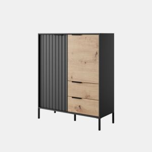 RAVE cómoda com um estilo moderno, medindo 124x104x40 cm e tem 5 prateleiras, 2 portas e 2 gavetas