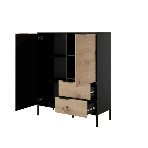 RAVE cómoda com um estilo moderno, medindo 124x104x40 cm e tem 5 prateleiras, 2 portas e 2 gavetas