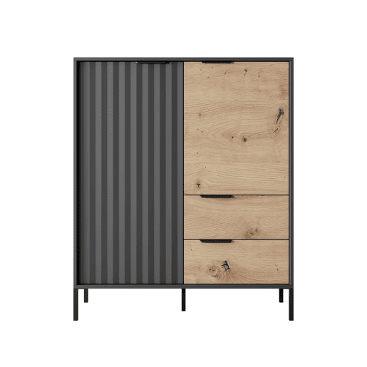 RAVE cómoda com um estilo moderno, medindo 124x104x40 cm e tem 5 prateleiras, 2 portas e 2 gavetas