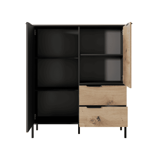 RAVE cómoda com um estilo moderno, medindo 124x104x40 cm e tem 5 prateleiras, 2 portas e 2 gavetas