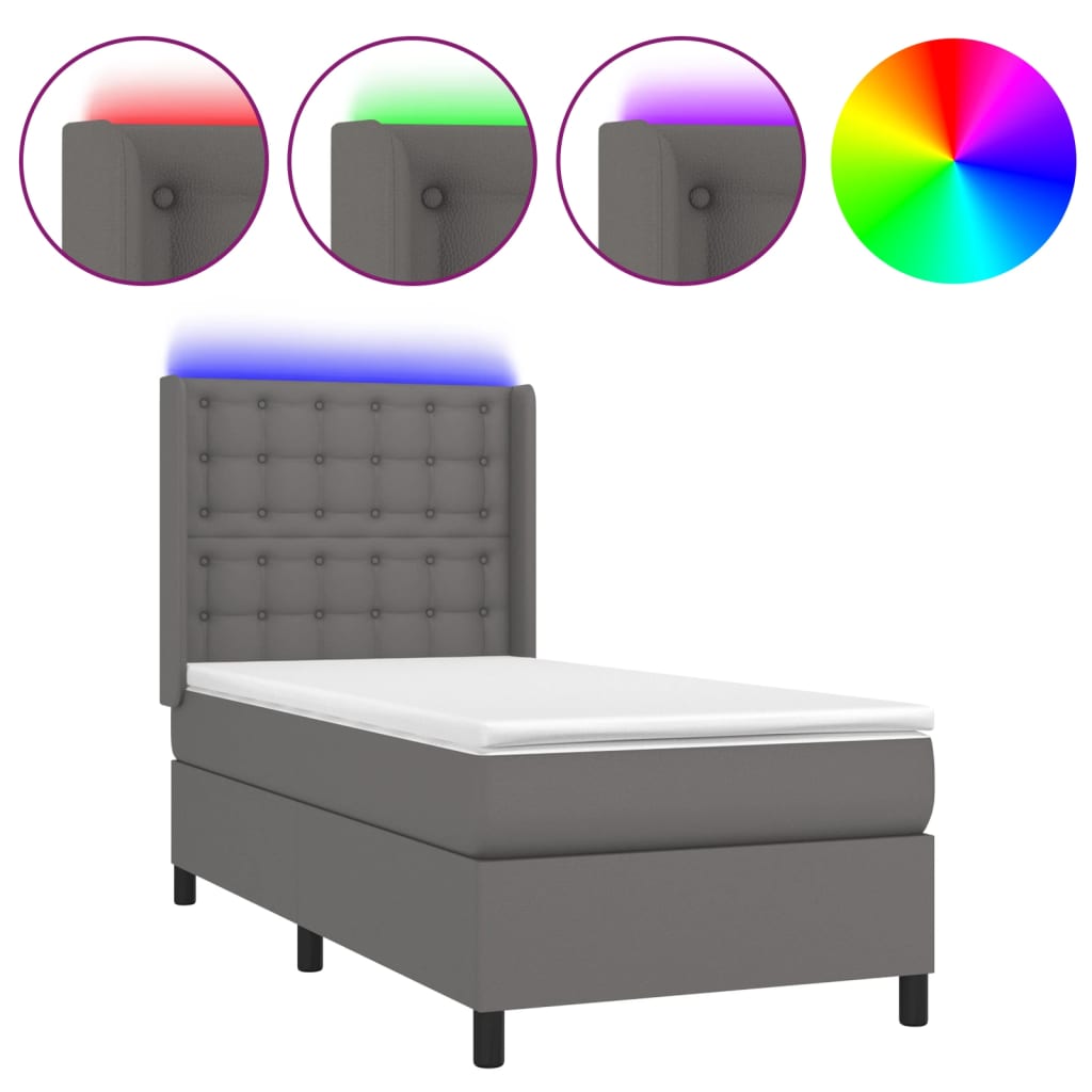 Cama box spring y colchón LED cuero sintético - Botones 90x200 Gris