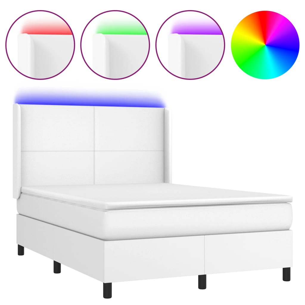 Cama box spring colchón y LED cuero sintético - Diseño plano 140x200 Blanco