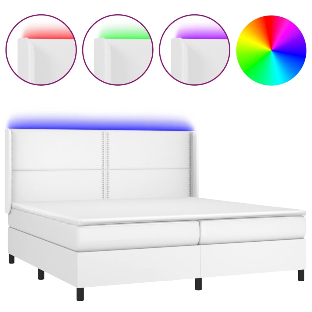 Cama box spring colchón y led cuero sintético blanco 200x200 cm liso con clavos
