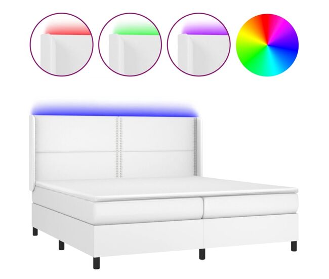 Cama box spring colchón y led cuero sintético blanco 200x200 cm liso con clavos