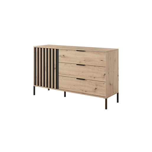 Cómoda TALLY em bege, preto com um estilo moderno, medindo 82x138x40 cm e tem 2 prateleiras, 1 porta e 3 gavetas