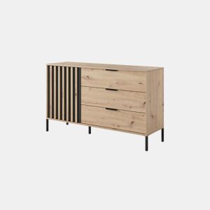 Cómoda TALLY em bege, preto com um estilo moderno, medindo 82x138x40 cm e tem 2 prateleiras, 1 porta e 3 gavetas