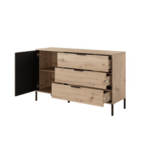 Cómoda TALLY em bege, preto com um estilo moderno, medindo 82x138x40 cm e tem 2 prateleiras, 1 porta e 3 gavetas