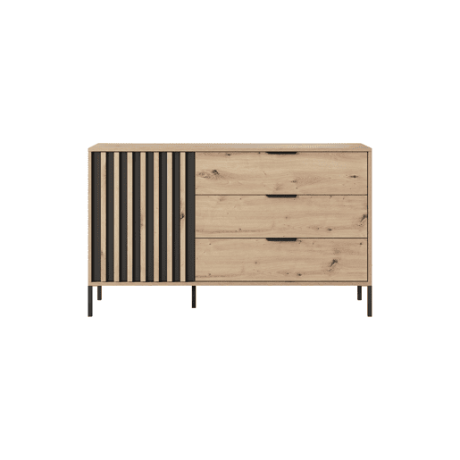 Cómoda TALLY em bege, preto com um estilo moderno, medindo 82x138x40 cm e tem 2 prateleiras, 1 porta e 3 gavetas