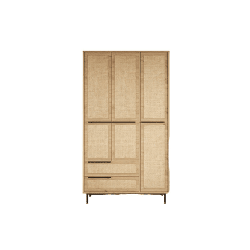 Roupeiro OCEAN, de cor bege claro, num estilo moderno, medindo 196x112x55 cm, com 3 portas e 2 gavetas e 6 prateleiras